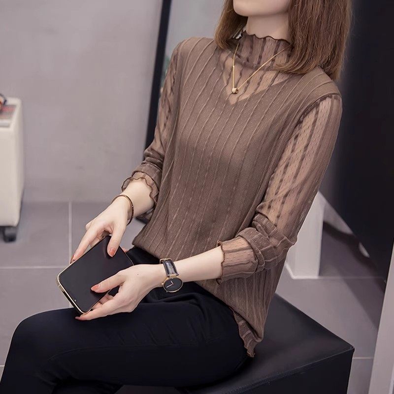 半高领蕾丝打底衫女士早秋巨好看的妈妈大码洋气内搭长袖T恤上衣