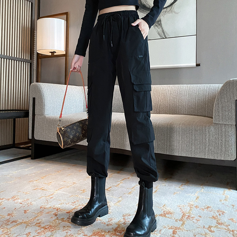 黑色工装裤女2025年新款休闲裤束脚显瘦宽松帅气高腰运动哈伦大码