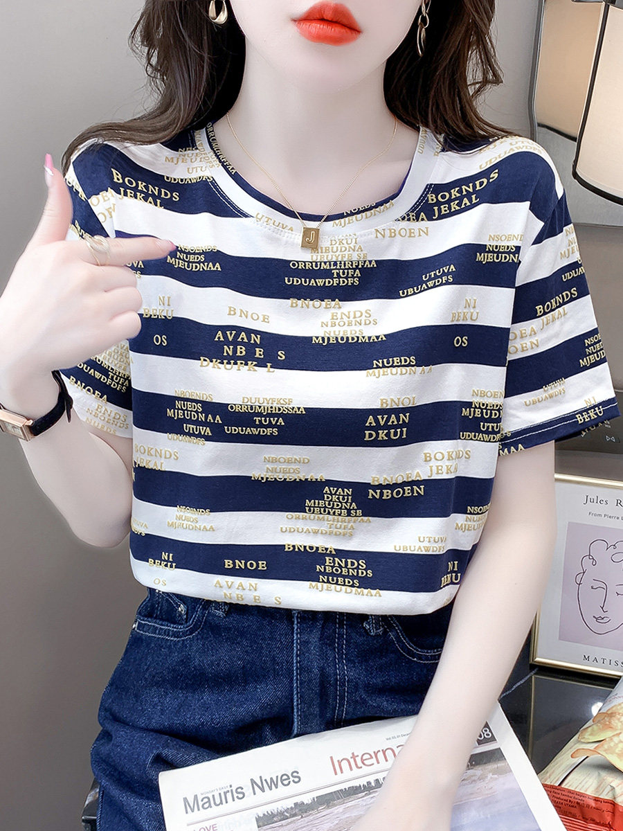 慵懒风纯棉条纹短袖T恤女2025年夏季新款宽松bf字母半袖上衣洋气