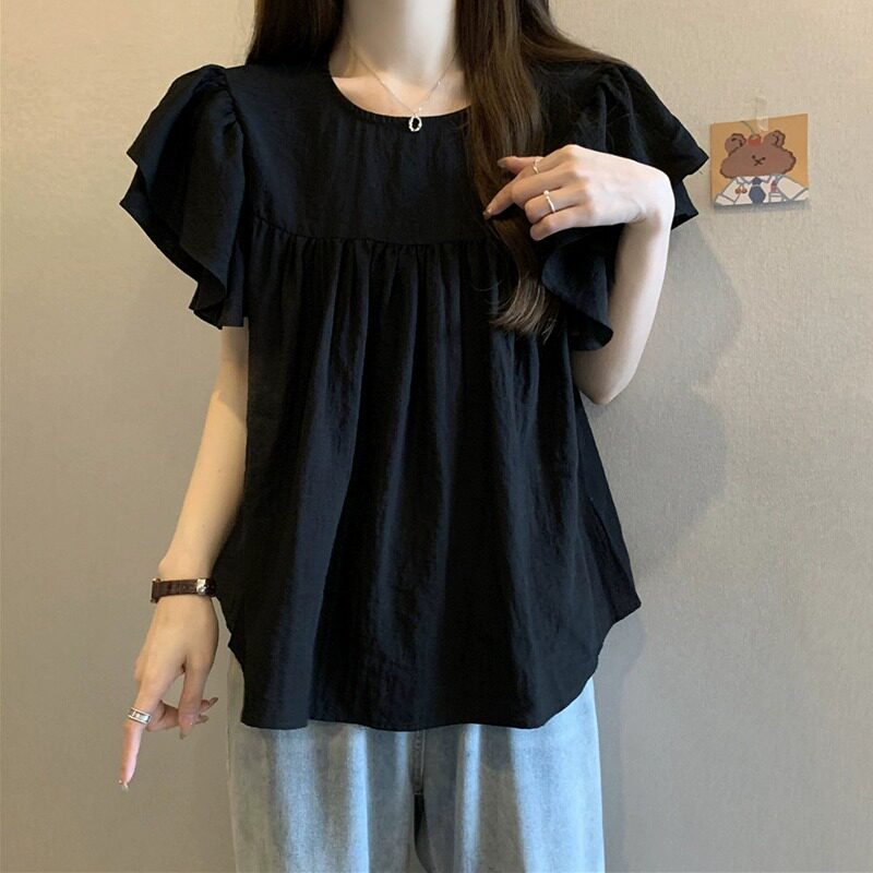 胖mm显瘦遮肚上衣女装大码法式飞飞袖衬衫夏季宽松荷叶边气质衬衣