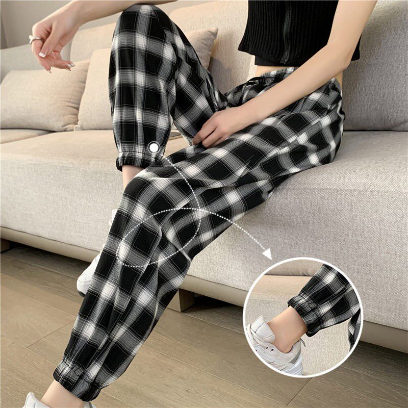 冰丝格子运动裤女2025新款夏季薄款九分休闲裤韩版哈伦萝卜裤子潮