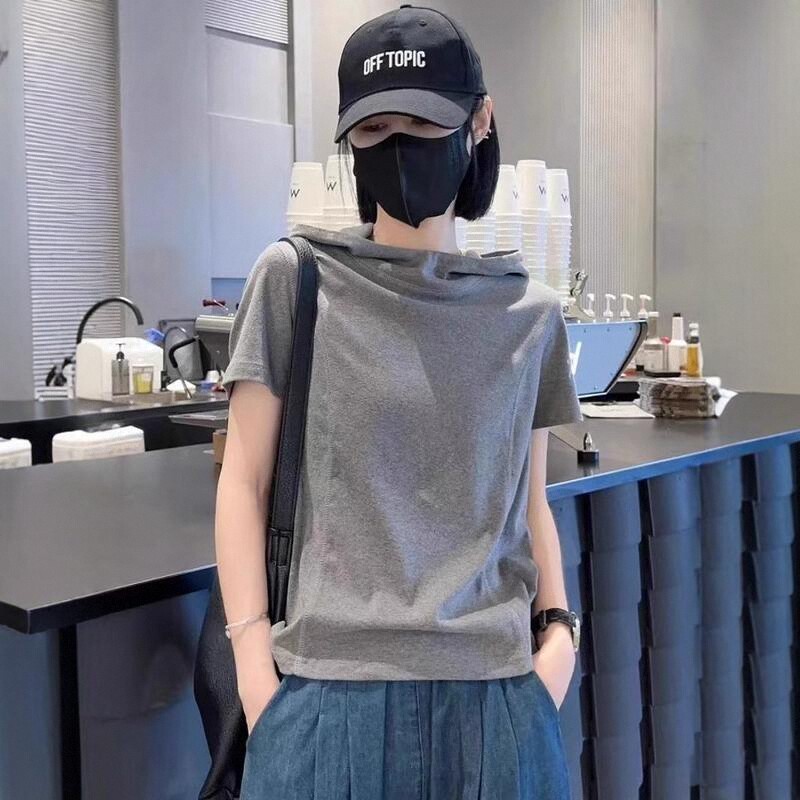 灰色连帽短袖t恤女2026新款夏季宽松显瘦设计感小众休闲体恤上衣