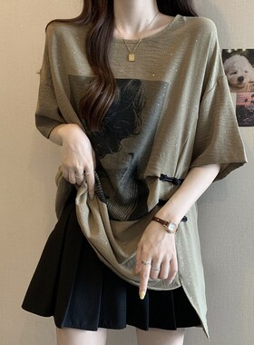 卡其色中长款短袖T恤女夏季新款大码胖mm大版洋气不规则盘扣上衣