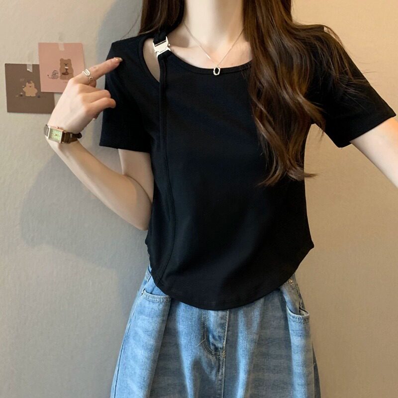 大码女装不规则遮肚子短袖T恤胖mm显瘦漏锁骨正肩鱼骨短款上衣夏