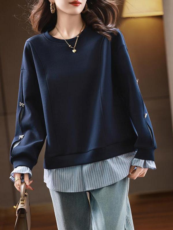 条纹拼接假两件卫衣女2025春秋季新款欧货时尚减龄上衣大码打底衫