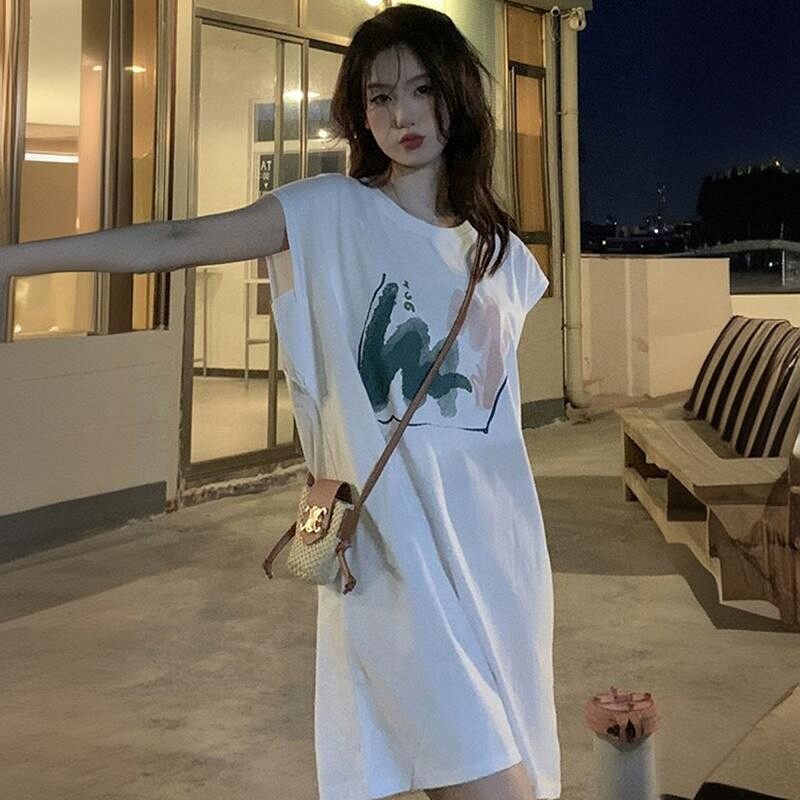 水彩涂鸦纯棉无袖背心连衣裙夏女宽松慵懒风t恤裙中长款休闲裙