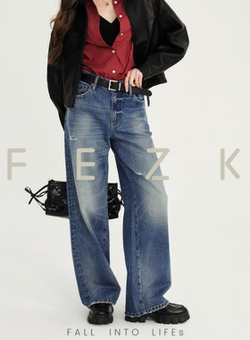 FEZK keep comfort•独特暗竹节纹 破洞设计包容版型阔直筒FS958