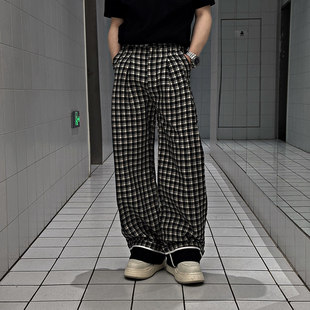 男潮流卷边舒适男裤 日系慵懒风棋盘格撞色直筒休闲长裤 2026新款