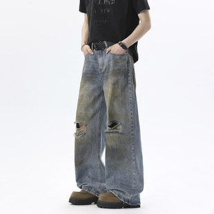 2026新款 潮流时尚 潮流破洞设计涂鸦裤 子 破洞喷漆水洗牛仔阔腿裤