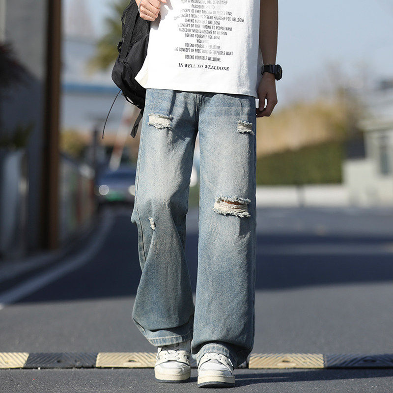 2026夏装新款美式高街破洞牛仔裤男潮流宽松休闲直筒薄款阔腿裤子