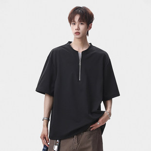 2026新款 美式 宽松休闲冰丝上衣潮 薄款 夏季 半拉链插肩短袖 t恤男士