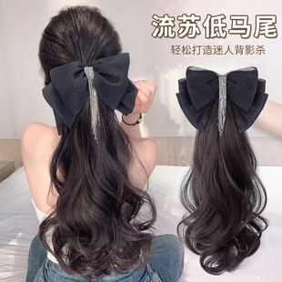 抓夹式低双马尾网红大波浪气质流苏仿真发半扎高马尾假发