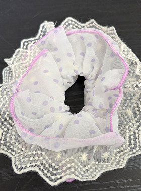 温柔韩系风紫色蕾丝波点大肠发圈女甜美氛围感扎发头饰