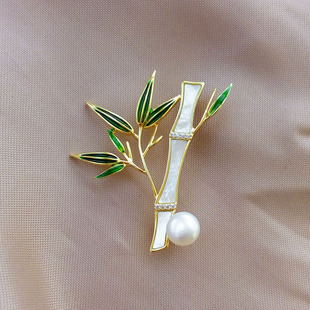 天然淡水珍珠中国风翠竹胸针女精致胸花别针古典淡雅复古民族饰品
