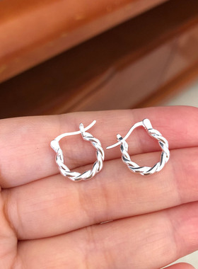 通体足银990带证书女式简约款麻花圆形耳扣