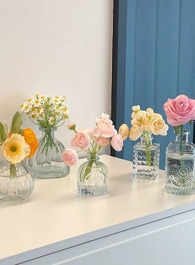 复古轻奢迷你玻璃花瓶透明感客厅ins风浮雕插花小花瓶摆件