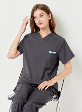 玫绮格高领口刷手衣口腔诊所牙医主任短袖分体服微弹高级灰洗手服