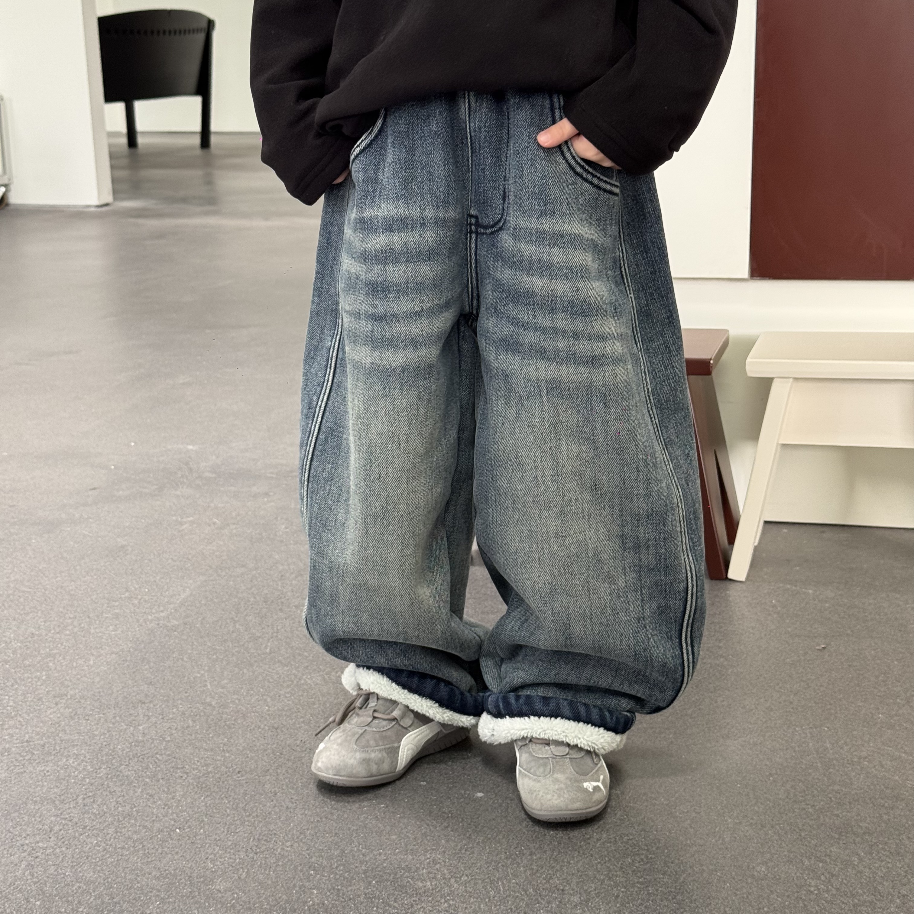 85元包邮 冬季新款男女童加绒加厚洋气牛仔裤 儿童韩版长裤潮