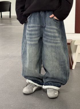 85元包邮 冬季新款男女童加绒加厚洋气牛仔裤 儿童韩版长裤潮