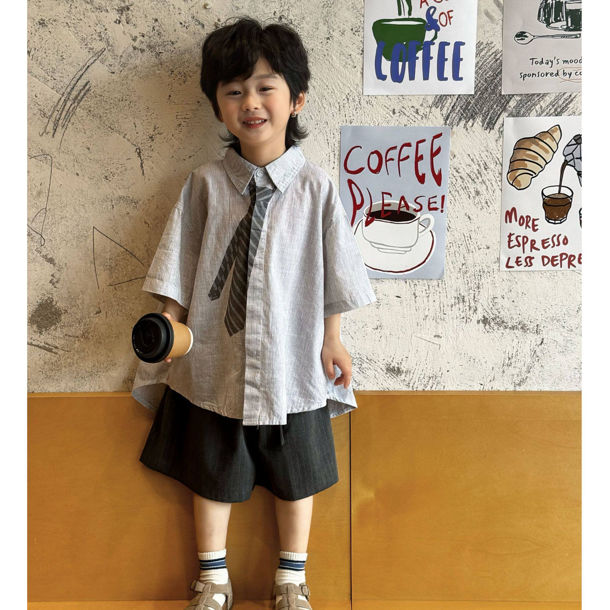 学院风男女童领带衬衫 2026夏季新款幼儿园小童儿童洋气衬衣潮图片