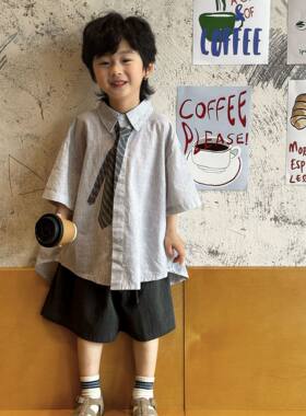 学院风男女童领带衬衫 2026夏季新款幼儿园小童儿童洋气衬衣潮
