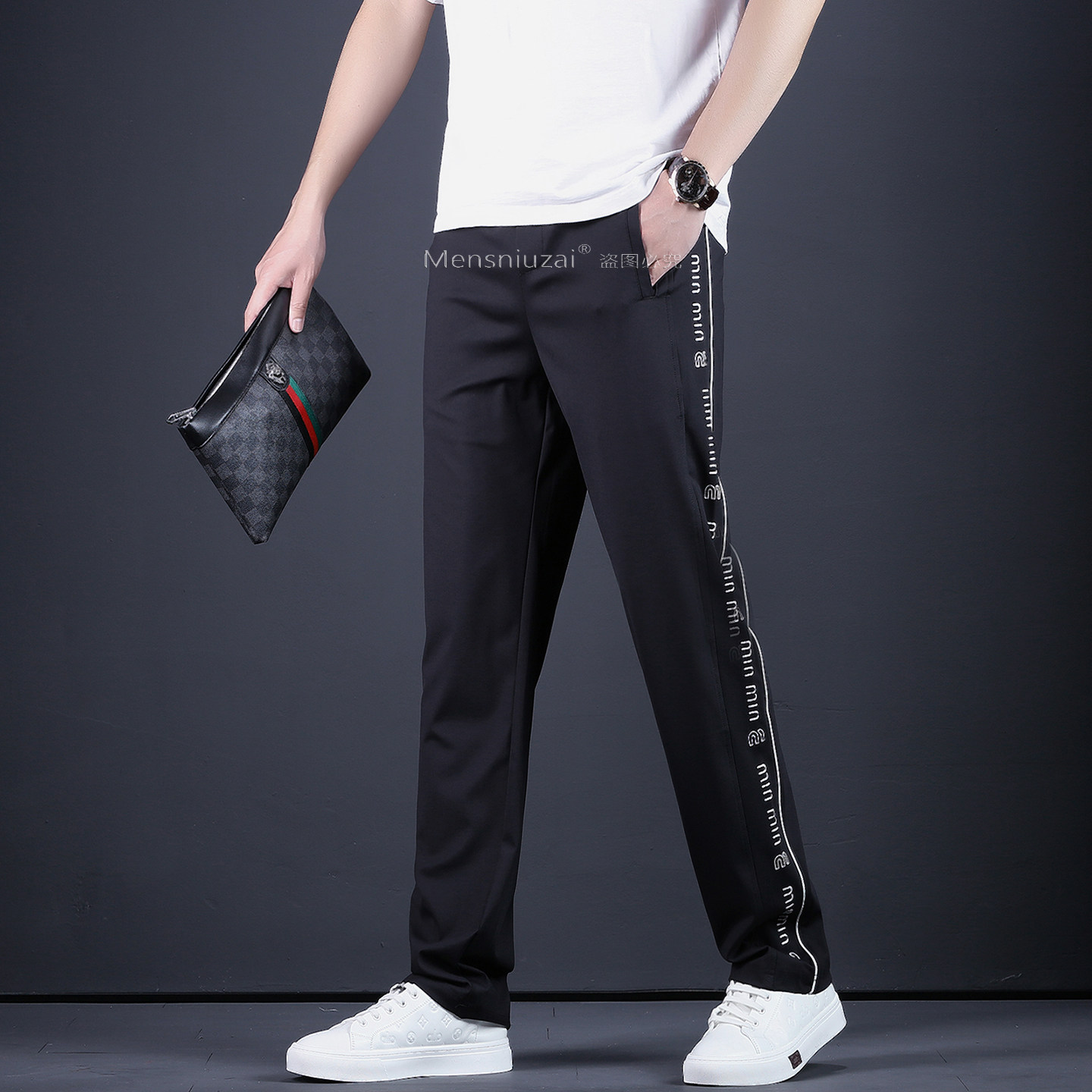 冰丝休闲长裤男士夏季薄款宽松直筒黑色松紧腰裤子男垂感男款卫裤