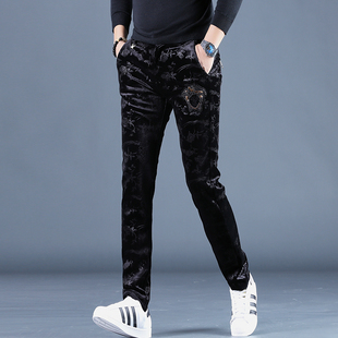 秋冬季男士高端休闲裤抗皱免烫金丝绒男裤通勤商务西裤印花裤子