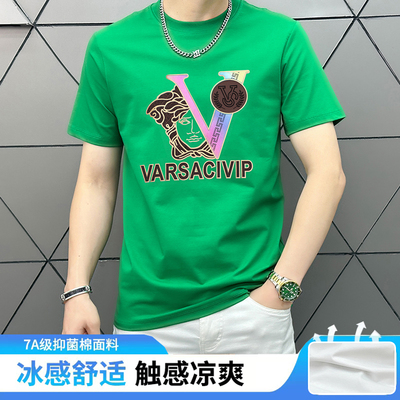 高端潮牌男士丝光棉圆领短袖t恤新款重工字母修身时尚冰丝半袖T恤