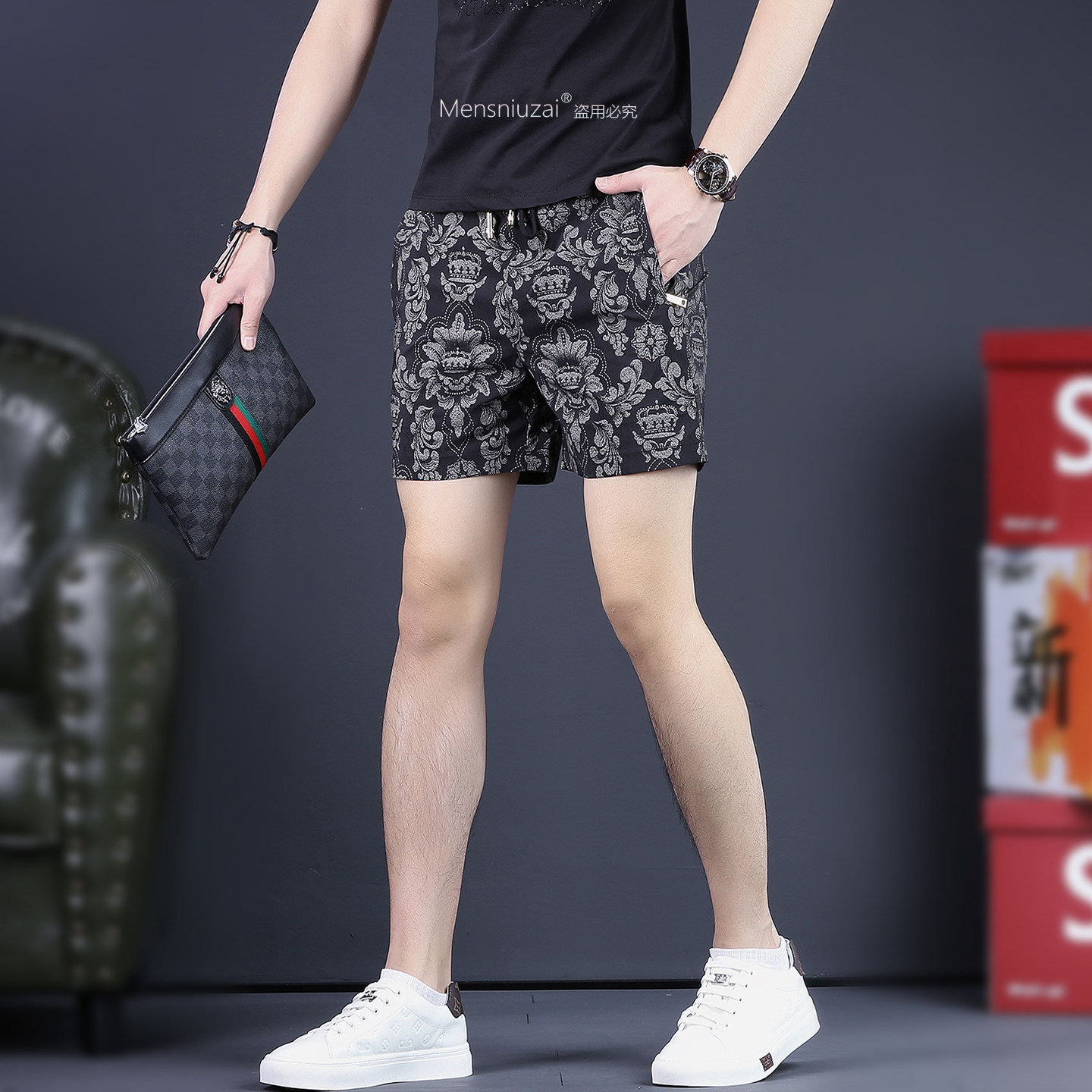 高端潮牌印花休闲短裤男夏季薄款男士三分裤修身质感矮个子五分裤