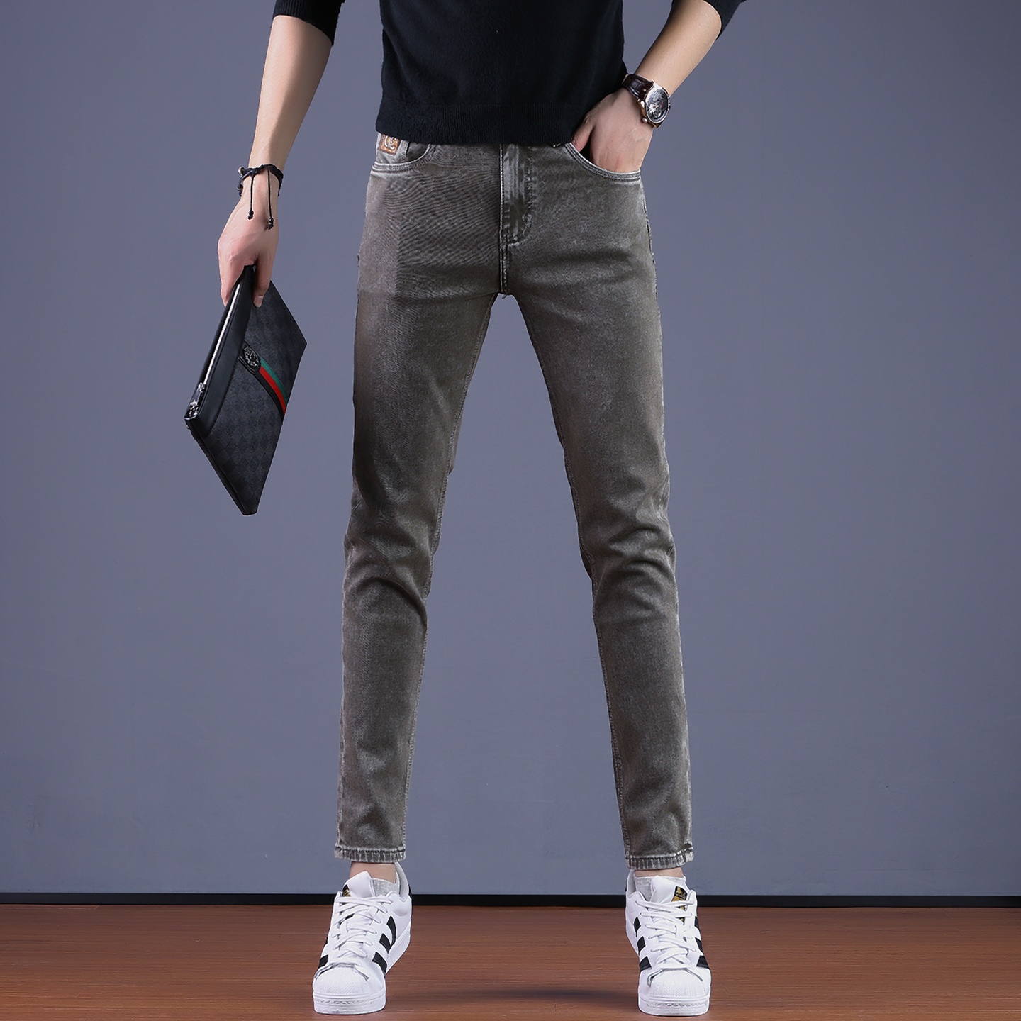 2025新款高端男士牛仔裤休闲潮牌修身小脚裤弹力显瘦绿水鬼男裤子