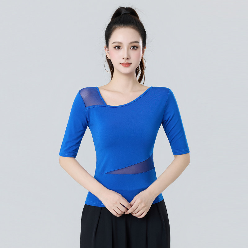 春夏季拉丁舞女上衣新款高端网纱跳舞衣中袖舞蹈练功服国际摩登舞