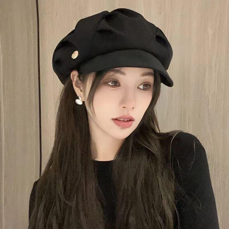 显脸韩版云朵贝雷帽休闲2023新款百搭褶皱帽子大头画家八角帽