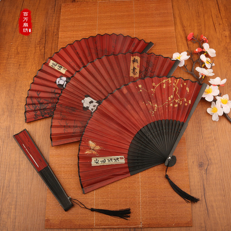 新中式古风折叠扇子女夏天便携随身汉服旗袍舞蹈专用红色竹扇国风