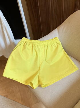 KAKASA柠檬黄色短裤简约纯色棉布沙滩热裤