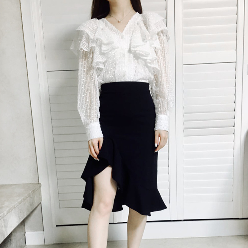 高腰鱼尾裙半身裙女2026夏季黑色包臀裙法式荷叶边中长裙a型半裙3