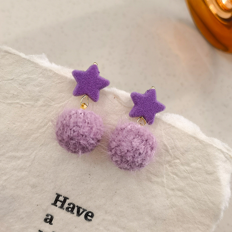麻薯手作医用生物瓷耳钉可爱少女心日常通勤紫色耳环秋冬毛球耳夹