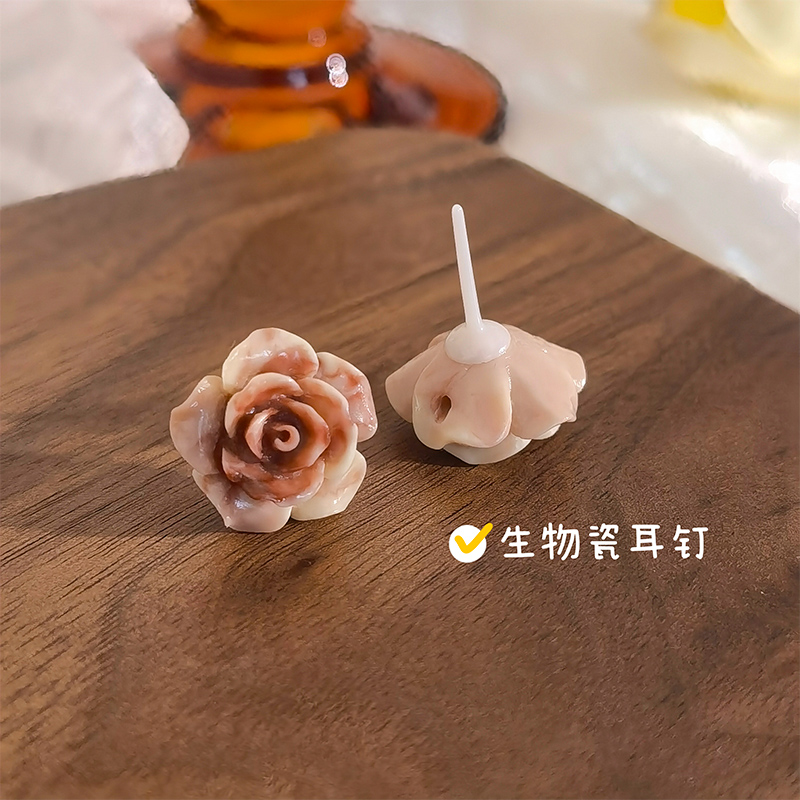 新中式古风玫瑰生物瓷耳钉养耳洞防过敏复古中国风花朵耳环饰品女