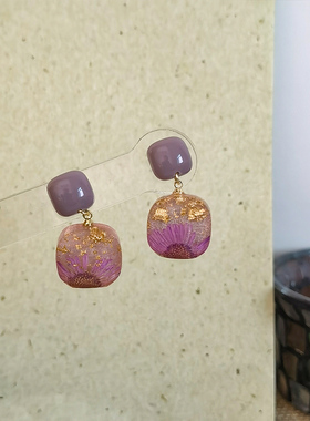 生物瓷耳钉防过敏养耳洞温柔紫色金箔菊花几何方形耳环高级感耳饰