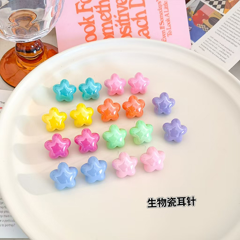 生物瓷耳钉医用防过敏彩色多巴胺五角星树脂耳环清新糖果色耳饰女