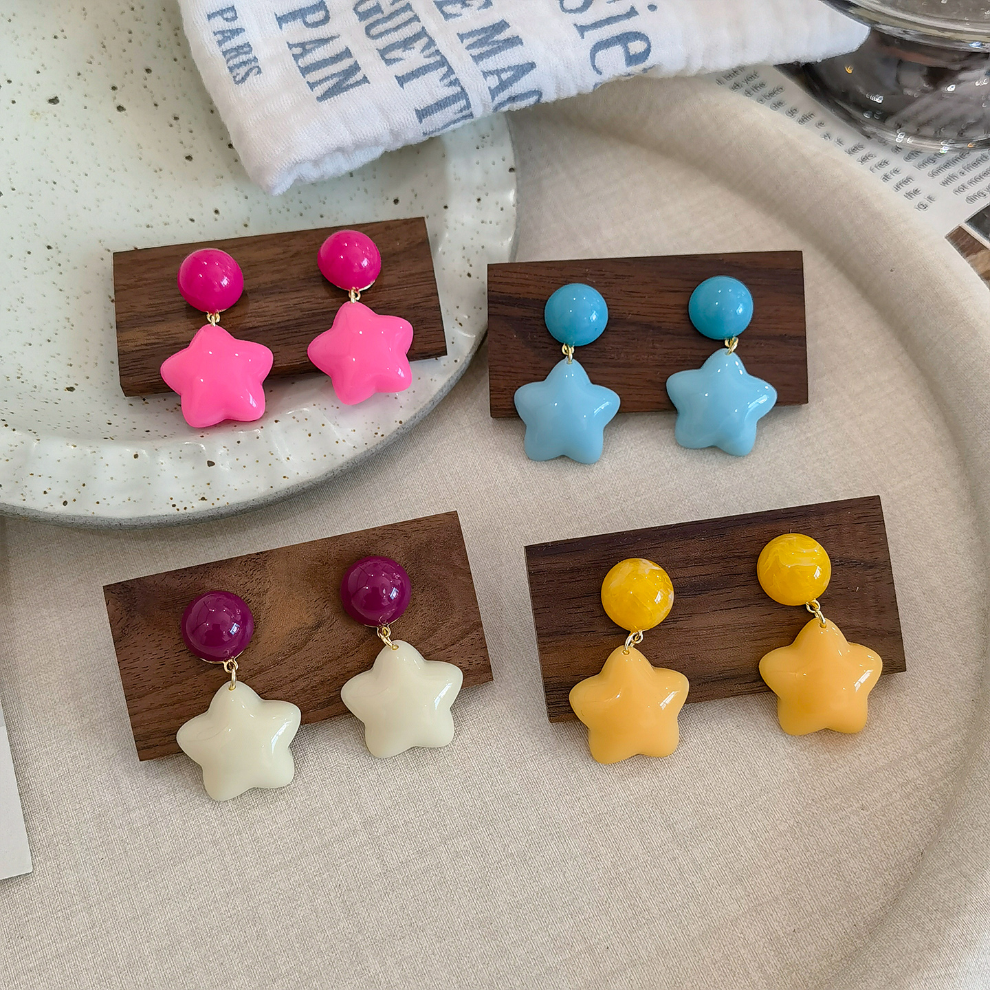 生物瓷耳钉防过敏养耳洞彩色多巴胺星星树脂耳环日常通勤简约耳夹