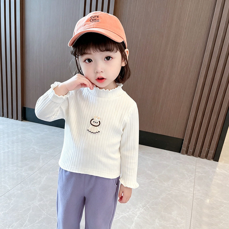 女童T恤纯棉中小童坑条弹力长袖上衣宝宝秋装花边领卡通打底衫
