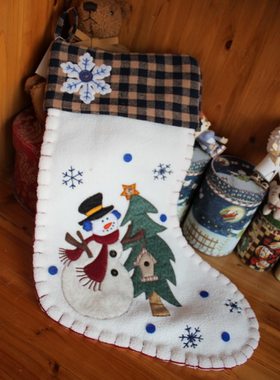 复古做旧美式乡村毛绒布艺圣诞雪人格子袜子挂件圣诞袜节日装饰品