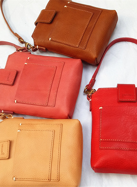 纯皮橘色红色斜跨包genten日本原单手工牛皮包女包2018女新款包包
