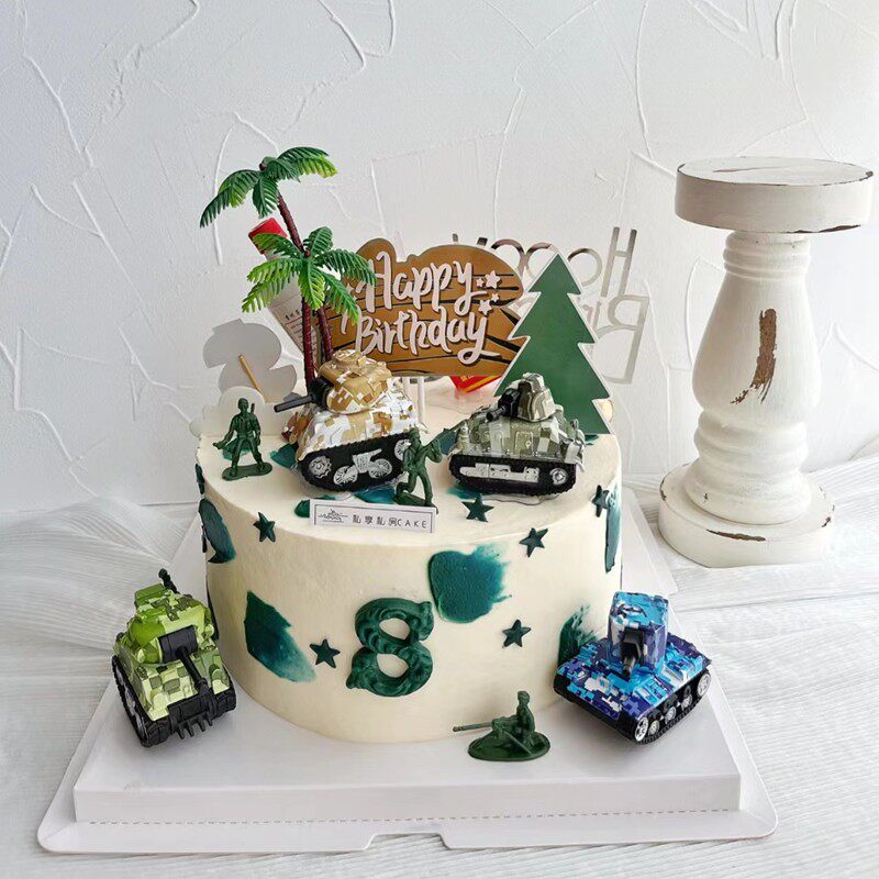 坦克主题蛋糕装饰摆件迷彩小坦克部队儿童男孩生日毛毡椰树插件