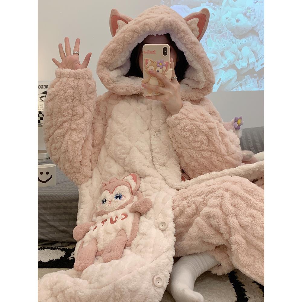 秋冬季睡衣女士三层夹棉袄珊瑚绒长袍款加厚保暖法兰绒家居服套装