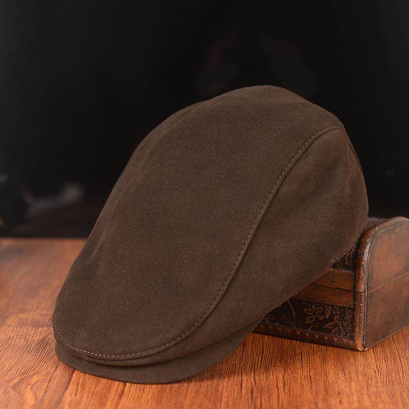 老钱风英伦复古真皮帽子男女反绒羊皮鸭舌前进帽洛哥贝雷帽报童帽