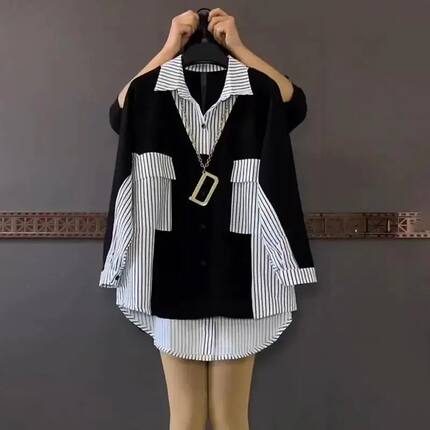 胖MM大码女装宽松显瘦中长款撞色条纹衬衫时尚上衣洋气遮肉衬衣潮