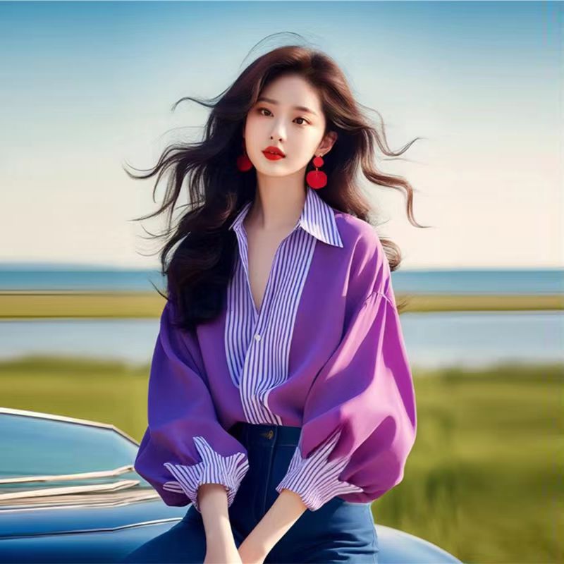 衬衫女早秋新款设计感小众轻奢高级感气质上衣紫色条纹拼接灯笼袖