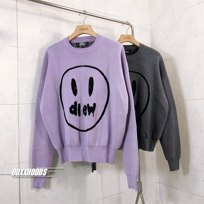 纯欲风香芋紫高级灰色大笑脸提花宽松落肩慵懒oversize潮针织毛衣