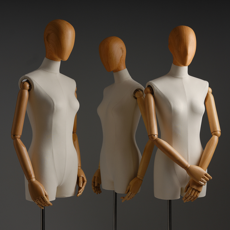 服装店女模特展示架全身人台木纹头带脸女半身假人偶橱窗陈列道具